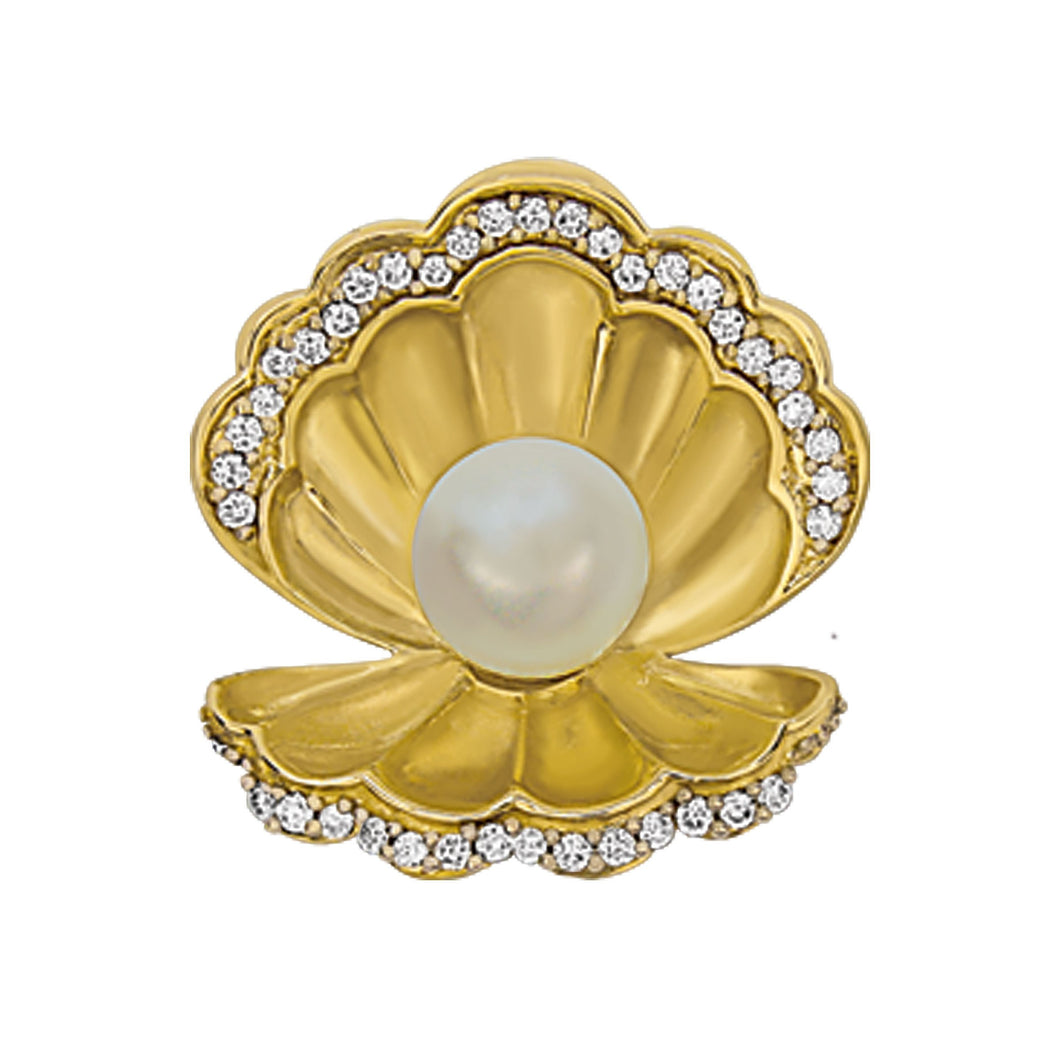 14K Yellow Gold Open Scallop with 6-6.5mm Fresh Water Pearl and Diamonds Pendant, D=.16tw HI/SI