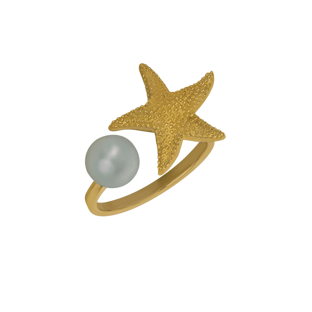 14K Yellow Gold Starfish with 7-7.5mm Fresh Water Pearl Cuff Ring, Size 6.5