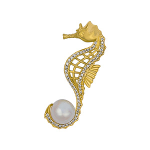 14K Yellow Gold Diamond Seahorse with 7-7.5mm Fresh Water Pearl Pendant, D=.15tw HI/SI
