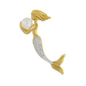 14 Karat Yellow Gold Diamond Mermaid with 5-5.5,, Freshwater Pearl Pendant, Dias=0.10tw