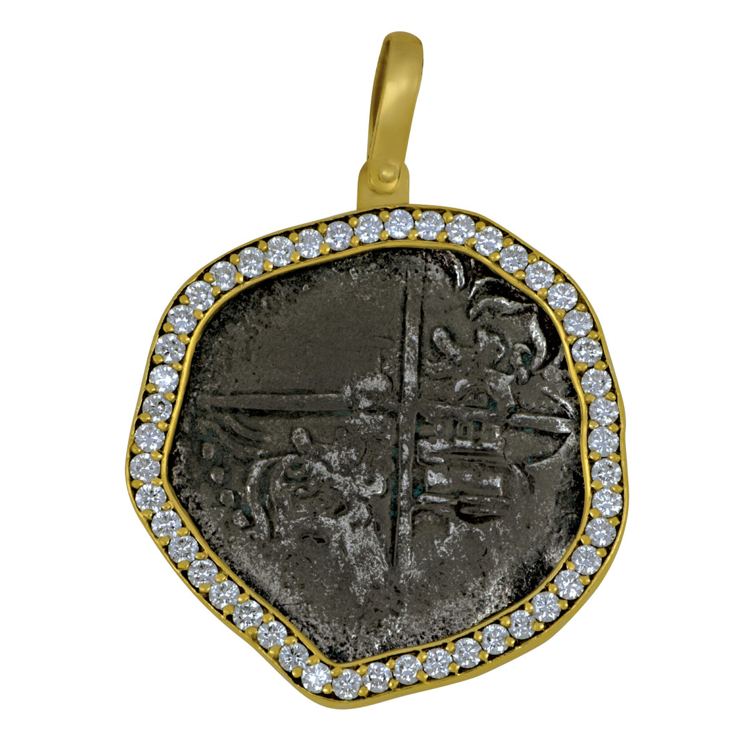 Atocha 4 Reale P "Q" 136744 with 14 Karat Yellow Gold Diamond Bezel Pendant, Dias=1.40tw