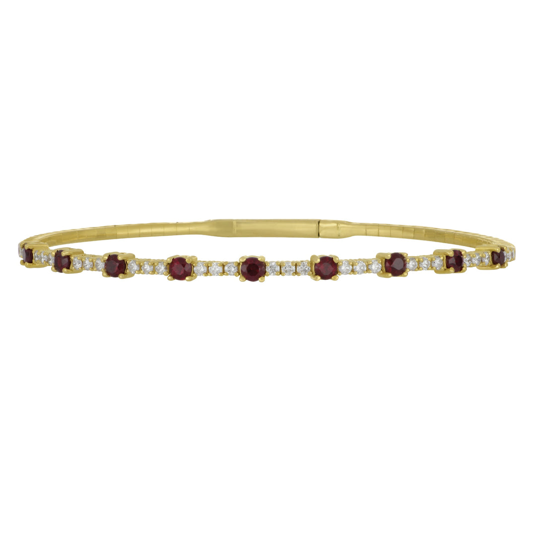14k Yellow Gold Ruby and Diamond Line Bangle Bracelet, RU=1.09tw D=0.53tw GH/SI