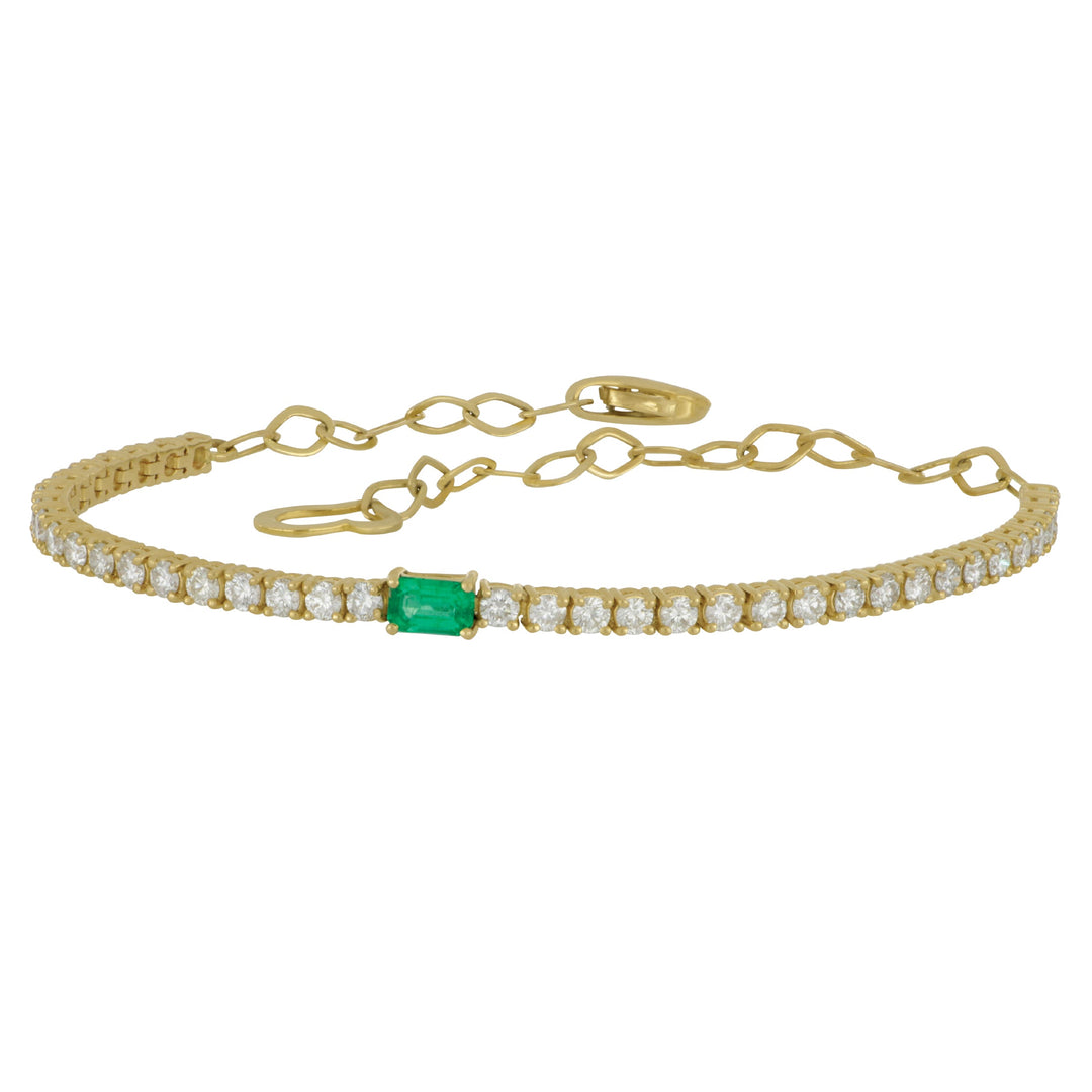 14k Yellow Gold Emerald Cut Emerald Center and Diamond Line Bracelet 7" Adjustable, EM=.27ct, D=1.42tw GH/SI