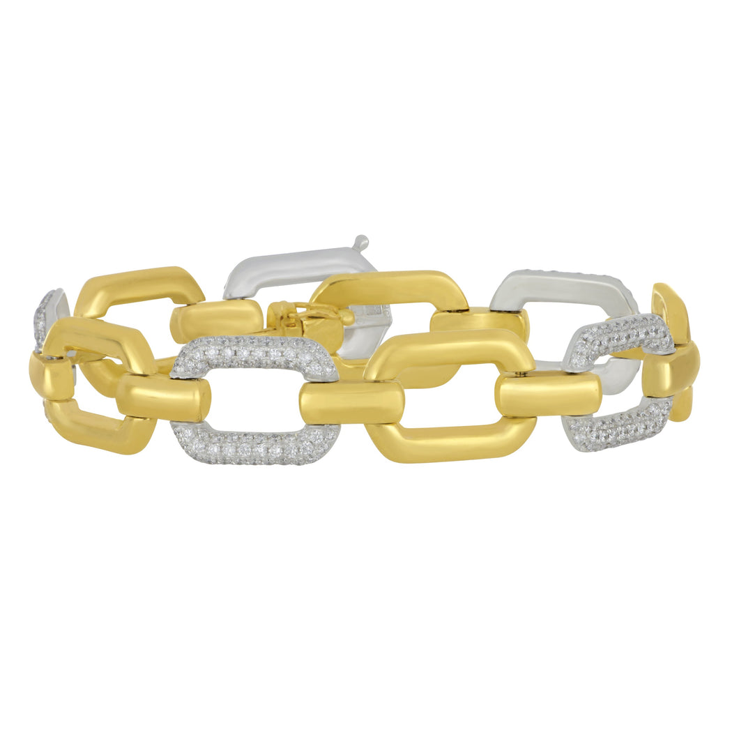 18 karat yellow and white gold flat alternating polished and pave diamond 2.09ctw GH/SI oval link bracelet 7