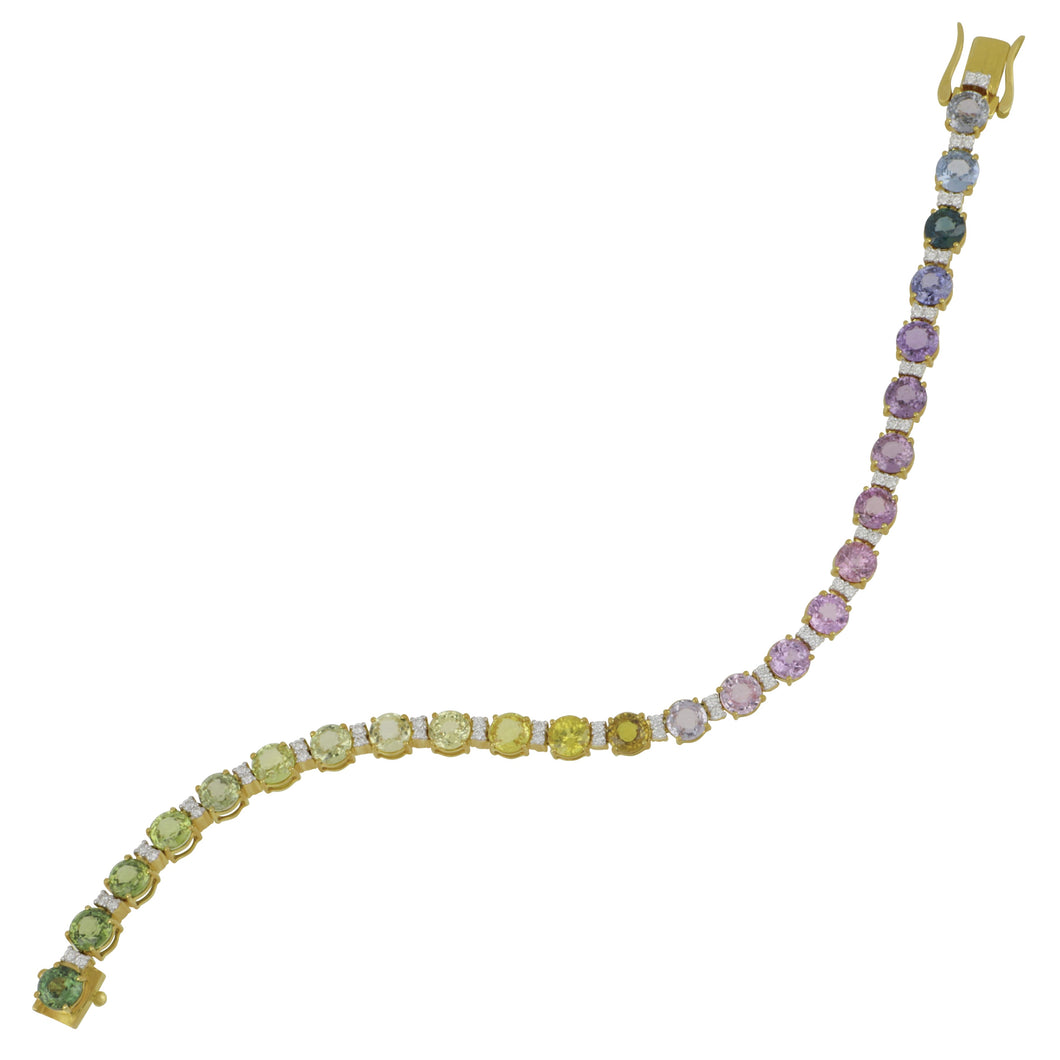 18 karat Yellow Gold Multi Color No Heat Sapphire and Diamond Bracelt 7
