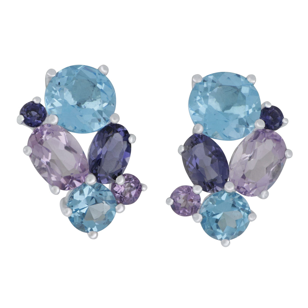 14 karat White Gold Multi Blue Topaz, Pink Amethyst, Iolite and Diamond Earrings, BT=4.70tw PAM =1.80tw IOL=1.00 tw supports Captain's for Clean Water