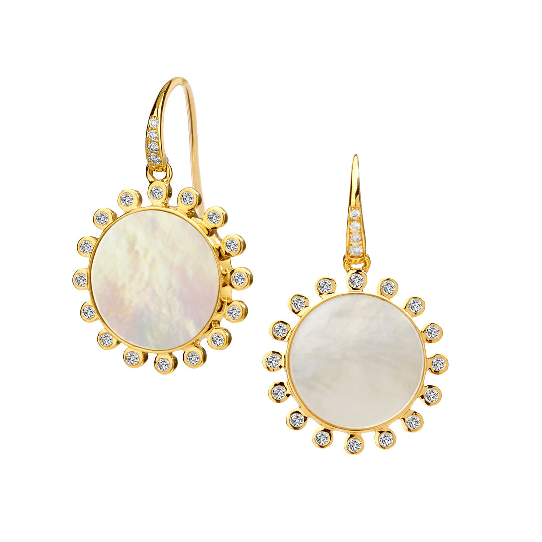SYNA 18 Karat Yellow Gold Mother of Pearl and Diamond Earrings, MOP=7.00tw, D=0.40tw.