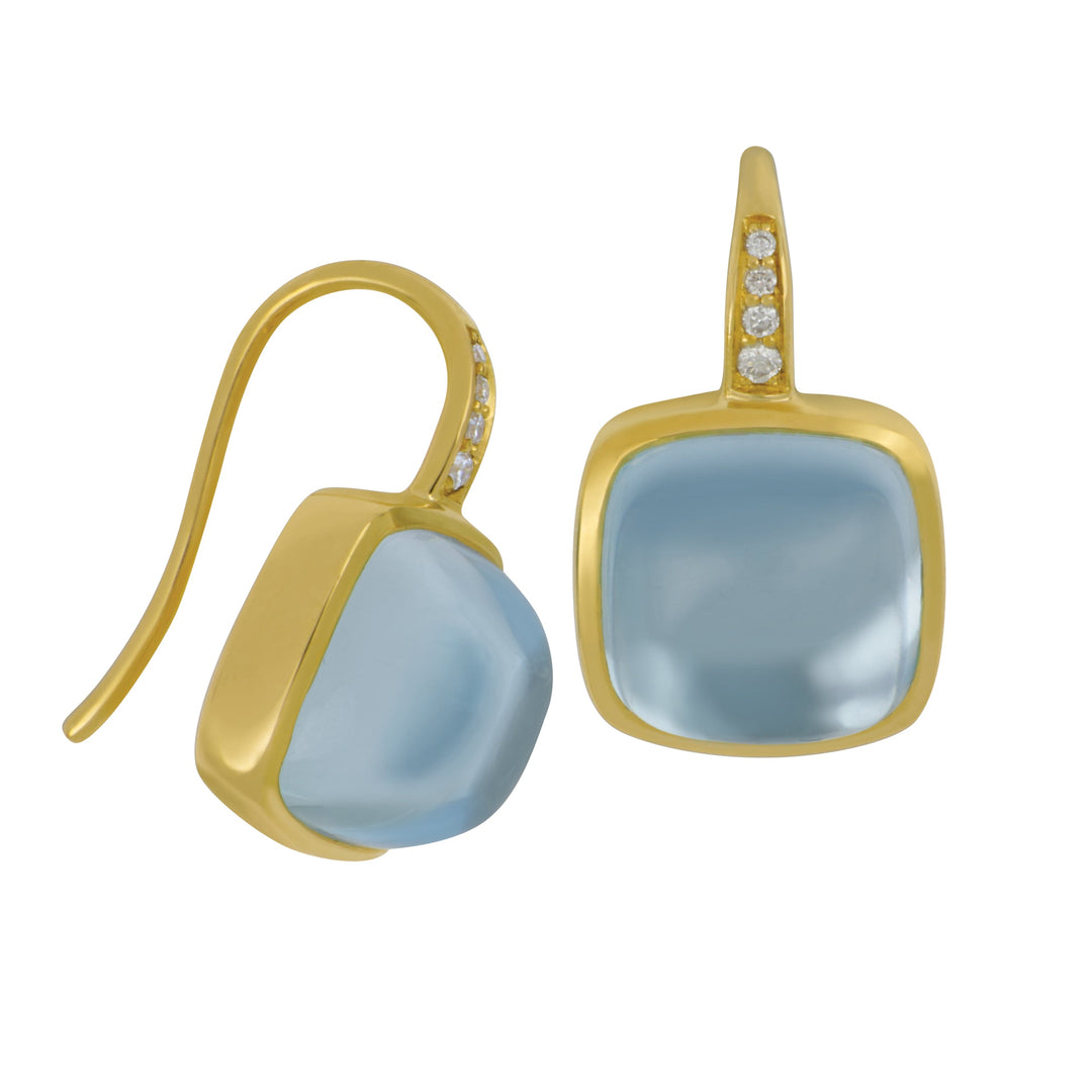 SYNA 18 karat Yellow Gold Candy Blue Topaz Bezel earrings, BT=15cts CH D=0.05tw