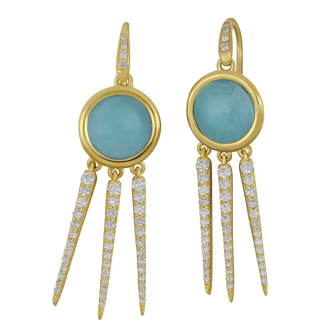 SYNA 18 karat Yellow Gold Chakra Dream Catcher Turqoise and Chaompagne Diamond earrings, TQ=6cts CH D=0.80tw