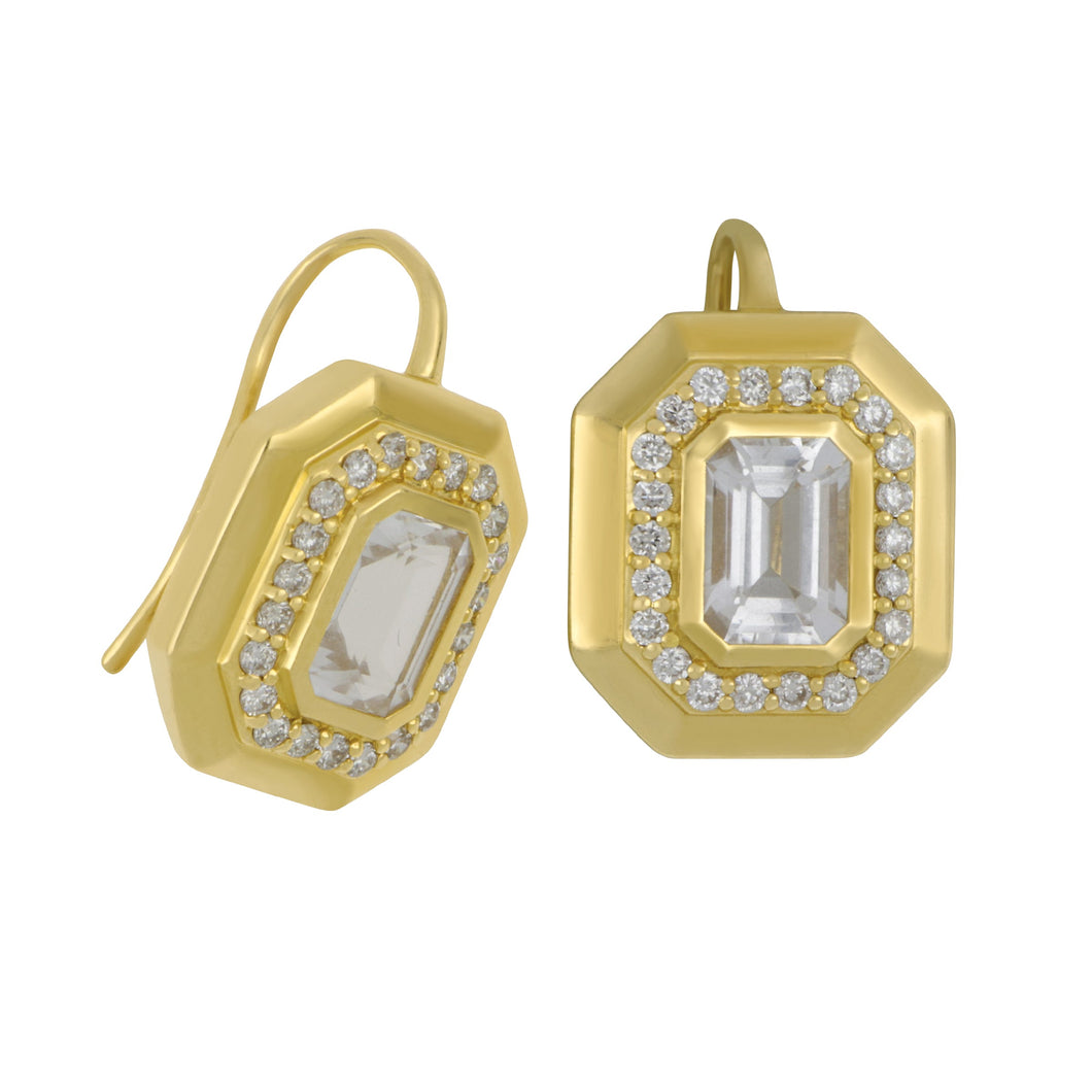 Syna 18 karat Yellow Gold Octa Rock Crystal Quartz and Champagne Diamond earrings, QTZ=2ctw CH D=0.45tw