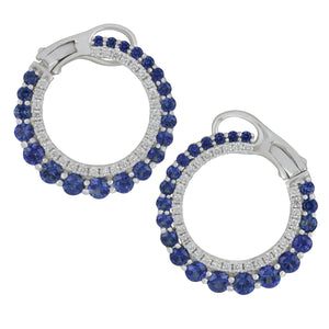 14 karat White Gold 2 row Front to Back Sapphire and Diamond Circle Hoop earrings, SA= 1.74tw D=0.35tw GH/SI