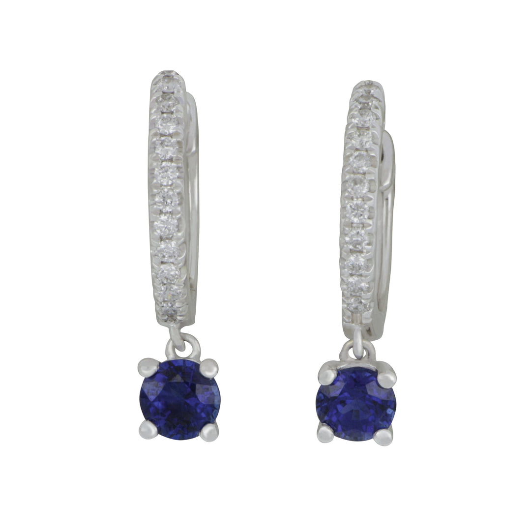 14 karat White Gold Sapphire Drop Small Diamond Hoop earrings, SA=0.71tw D=0.14tw GH/SI