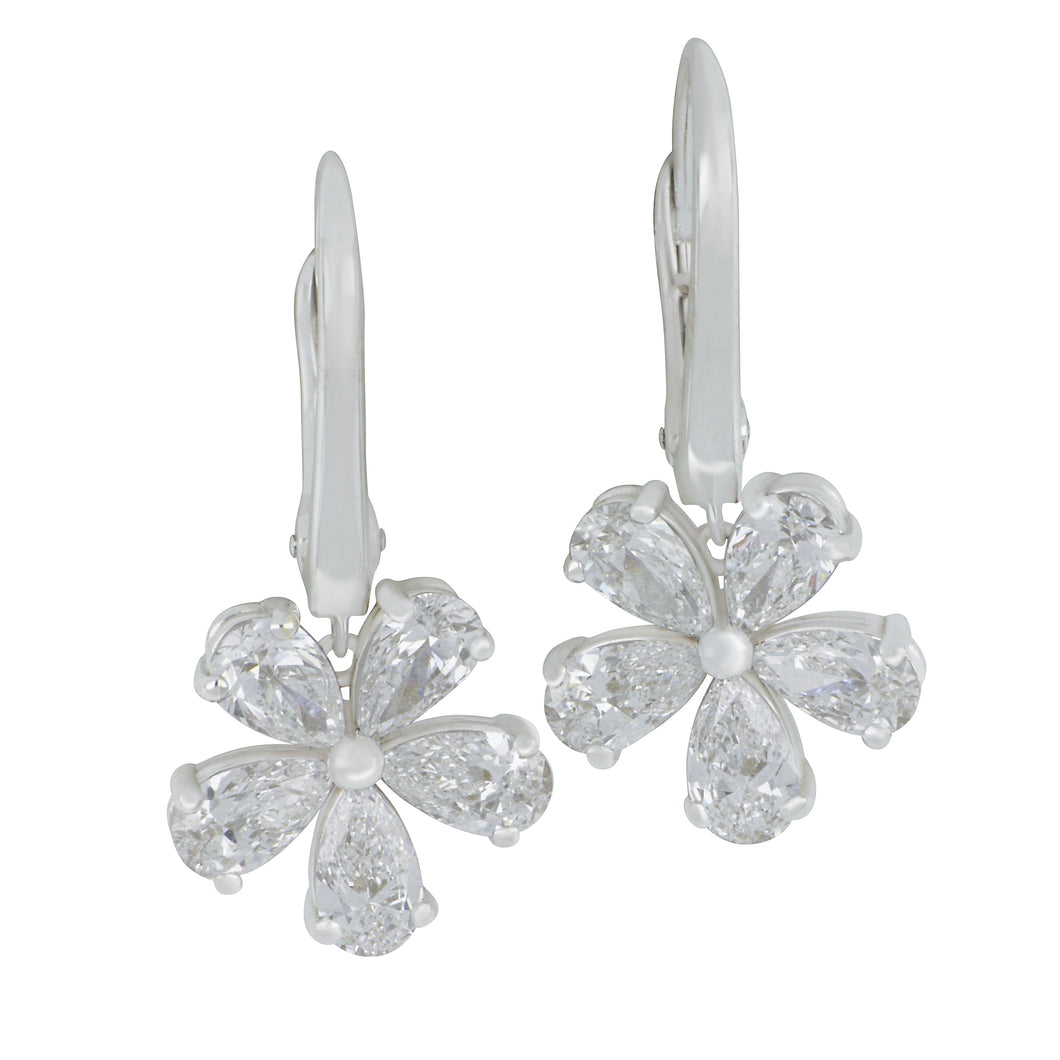 Norman Silverman 18 karat white gold 5 petal flower 10 pear shape diamonds 2.81ctw GH/VS drop euro earrings