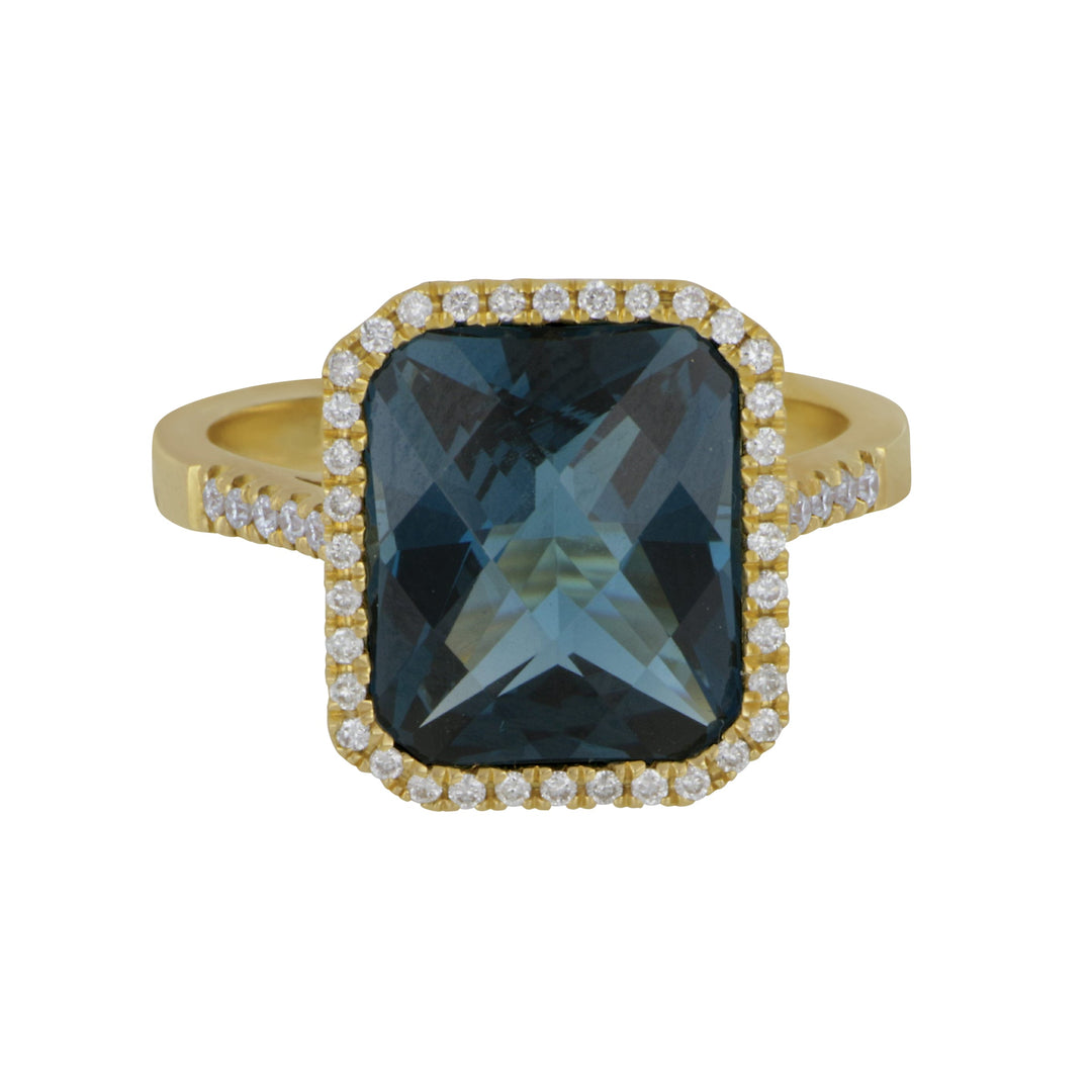14k Yellow Gold Radiant Halo London Blue Topaz and Diamond Ring size 6.5, LBT=7ct D=0.27tw GH/SI supports Captain's for Clean Water