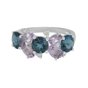 14 karat White Gold Multi London Blue Topaz, Pink Amethyst and Diamond Ring size 6.5, LBT=3.40tw PAM =1.40tw D=0.10tw GH/SI supports Captain's for Clean Water