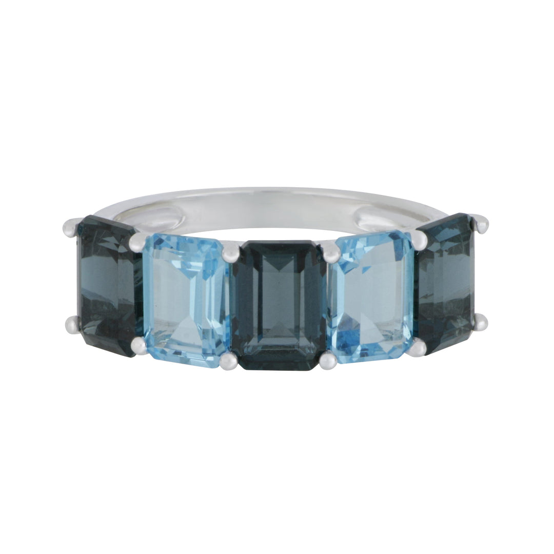 14k White Gold alternating London Blue Topaz and Blue Topaz 5 stone Ring Size 6.5, LBT=3.70tw BT=2.20tw supports Captain's for Clean Water