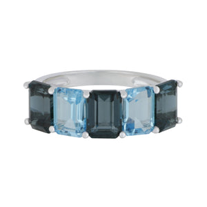 14 karat White Gold alternating London Blue Topaz and Blue Topaz 5 stone Ring size 6.5, LBT=3.70tw BT=2.20tw supports Captain's for Clean Water