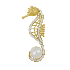 14 karat Yellow Gold diamond Sea Horse with Freshwater Pearl 7-7.5mm Pendant, D=0.15tw