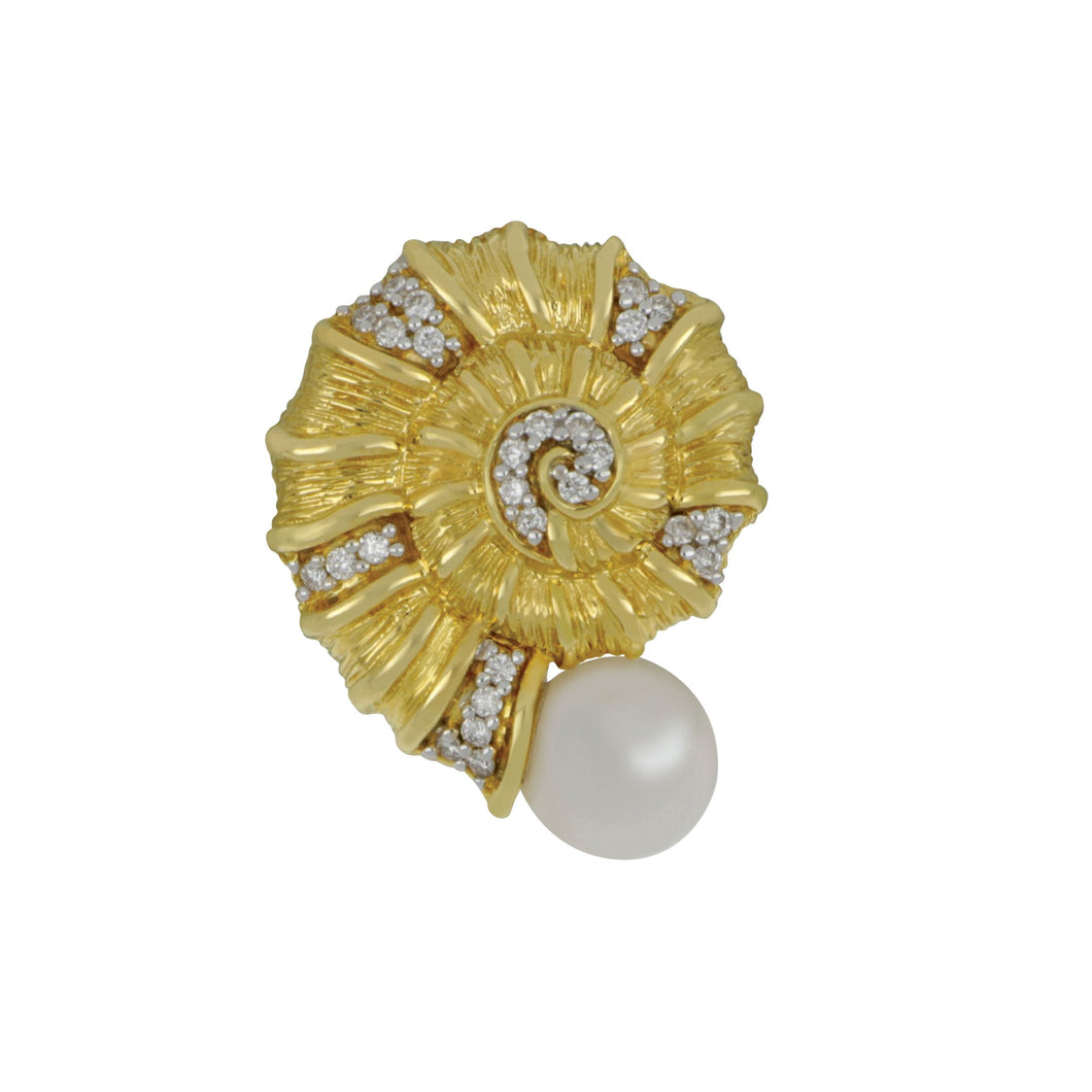 14 karat Yellow Gold Diamond Nautilus with Freshwater Pearl 6-6.5mm Pendant, D=0.10tw