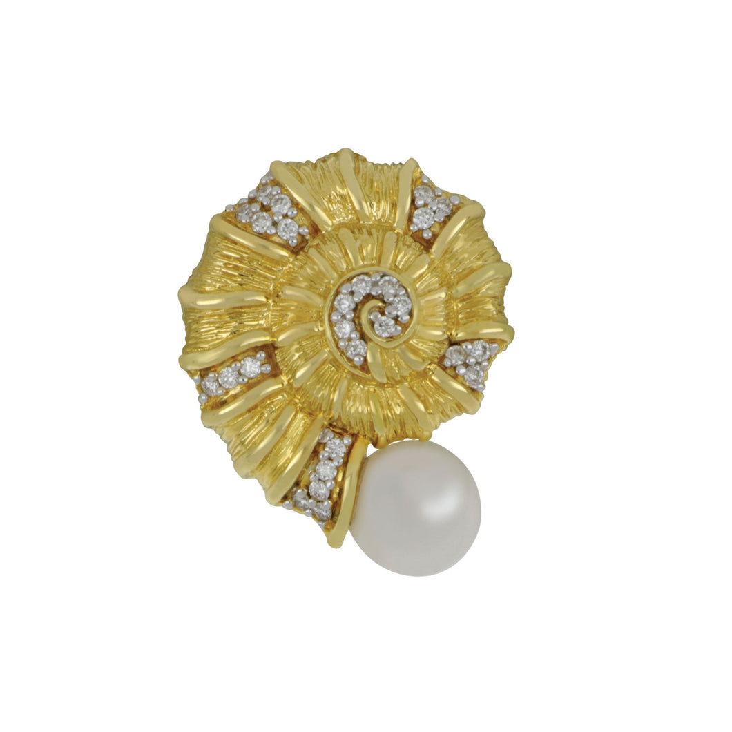 14K Yellow Gold Nautilus with 6-6.5mm Fresh Water Pearl and Diamonds Pendant, D=.10tw HI/SI