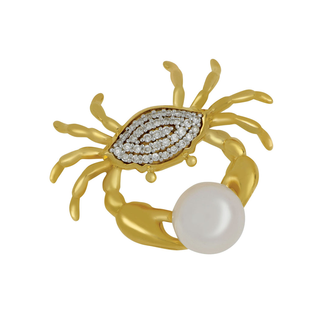 14K Yellow Gold Diamond Crab with 8-8.5mm Fresh Water Pearl Pendant, D=.15tw