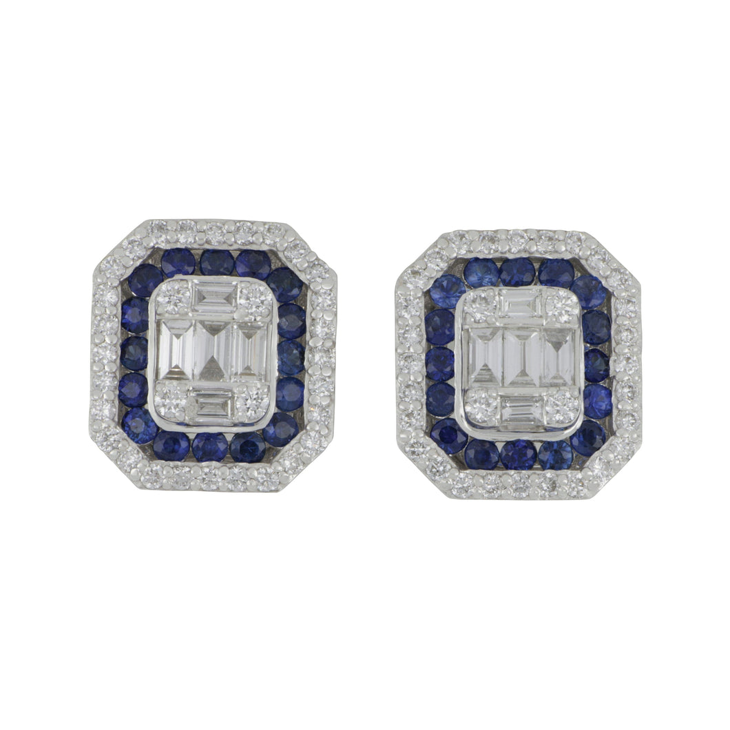 14 karat White Gold Double Halo Sapphire with Round and Baguette Mosaic Diamond earrings, D=0.98tw GH/SI1-VS SA=0.90tw