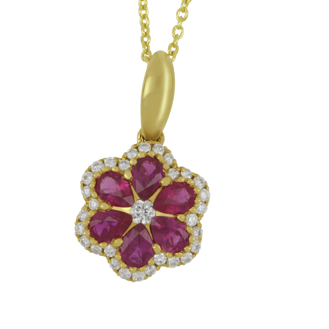 14 karat Yellow Gold Flower Ruby and Diamond Pendant 18