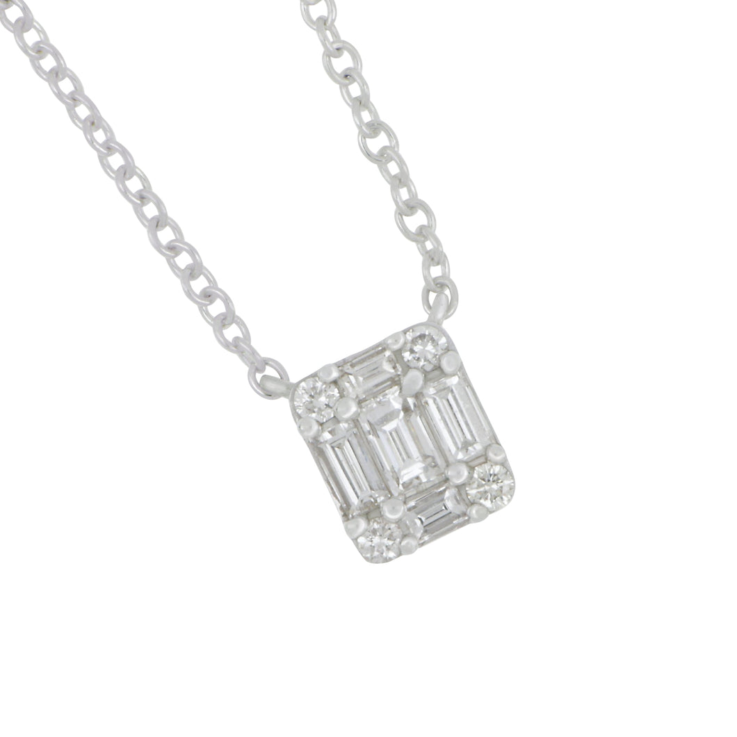 18 karat White Gold Round and Baguette Mosaic Diamond Necklace 16-18