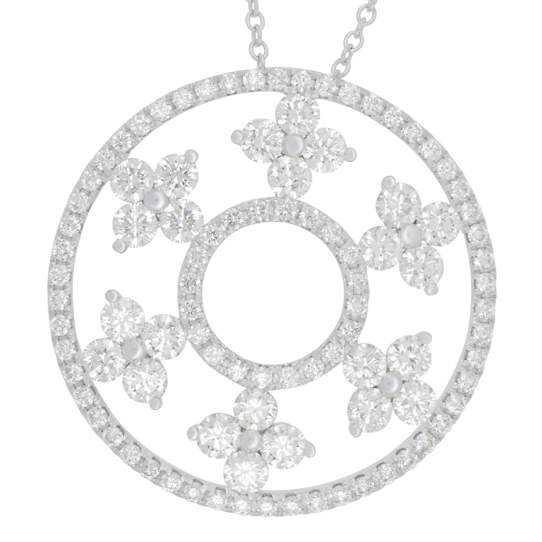 18k White Gold Double Circle with Six Flower Stations Diamond Necklace, D=2.90tw GH/SI