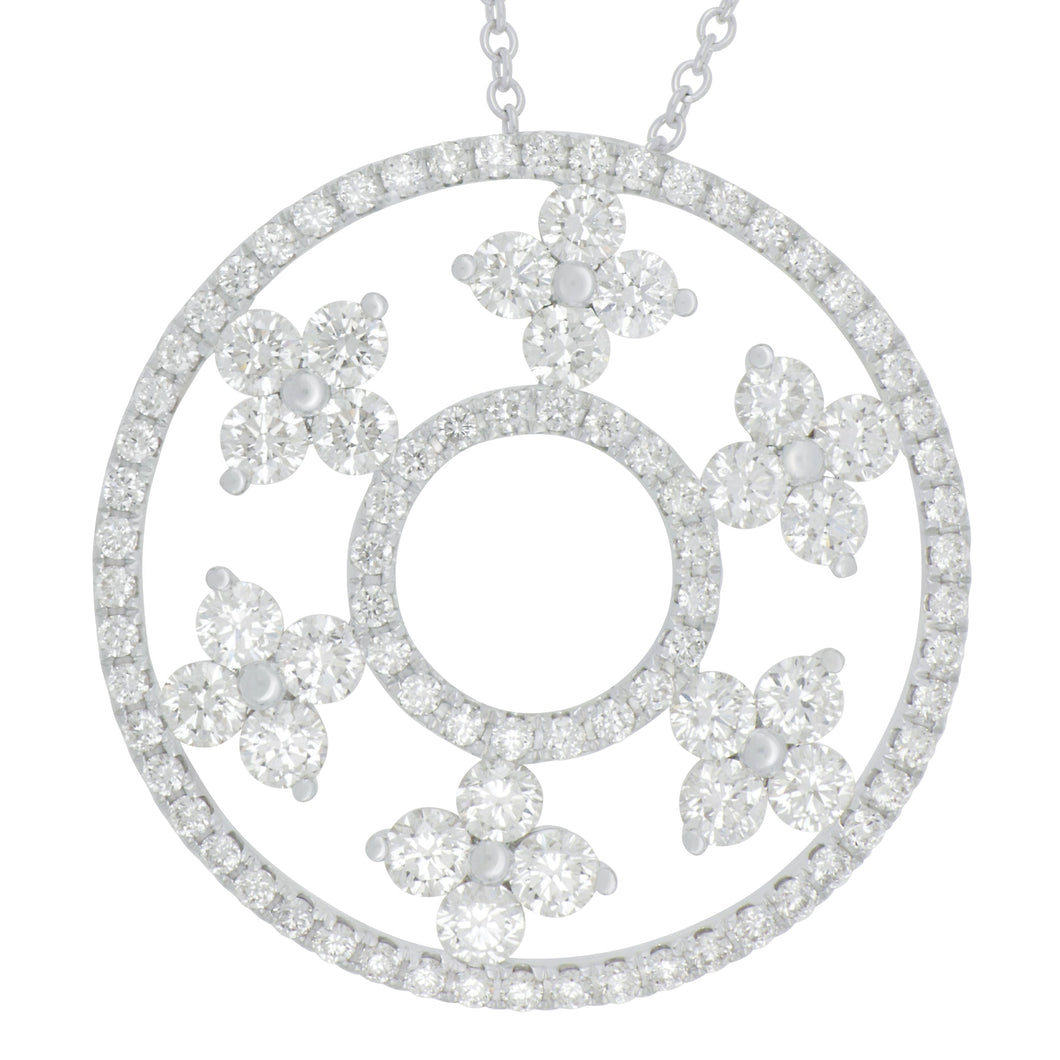 18 karat White Gold Double Circle with six Flower stations Diamond Necklace, D=2.90tw GH/SI