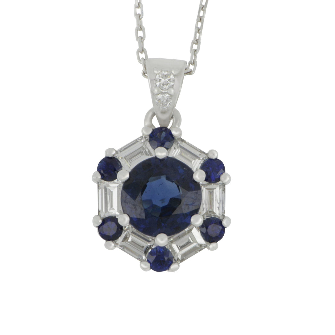 18k White Gold Round Sapphire and Baguette Diamond Hexagon Pendant 18", SA=1.10tw D=0.52tw GH/SI