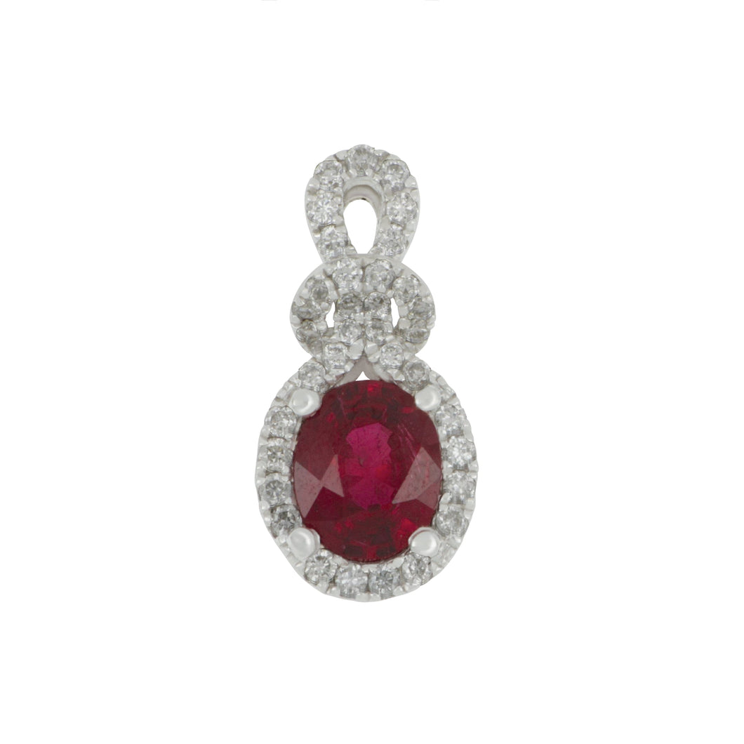 14 karat White Gold Oval Halo Rubilite Tourmaline and Diamond Pendant, TRM=0.65ct D=0.17tw GH/SI