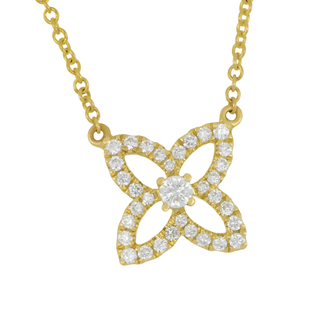 14 karat Yellow Gold Small Open Flower Diamond Necklace 16-18
