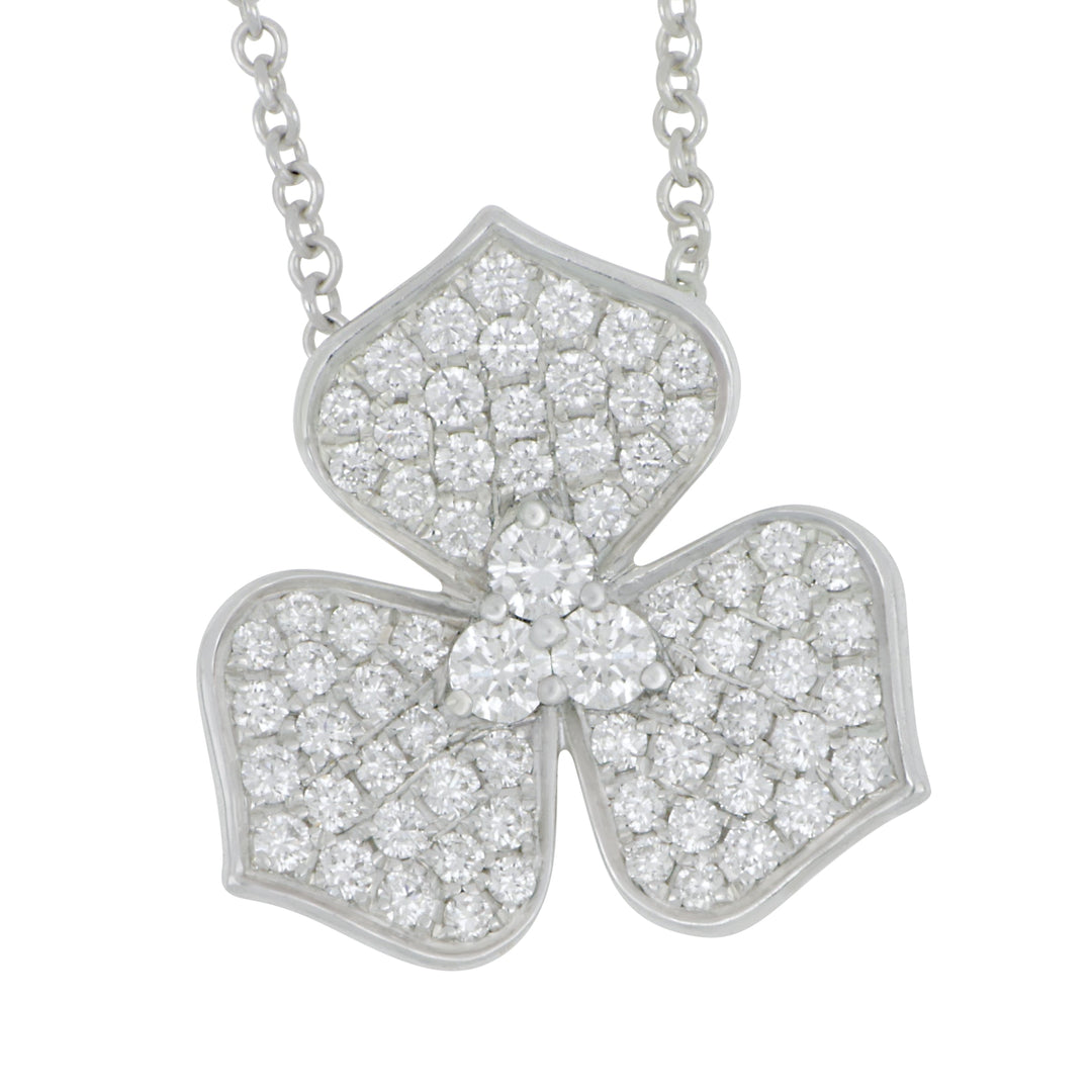 14k White Gold Pave Diamond 3-Petal Flower Necklace 16-18" Adjustable, D=0.74tw GH/SI