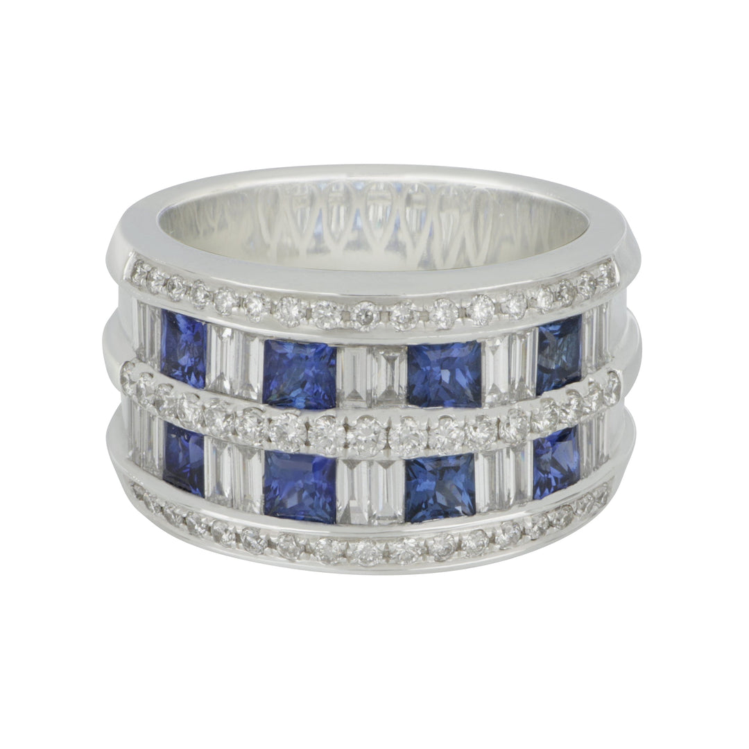 14k White Gold 5-Row Square Cut Sapphire and Round Diamond Band size 6.5, SA=1.54tw D=1.21tw GH/SI-VS