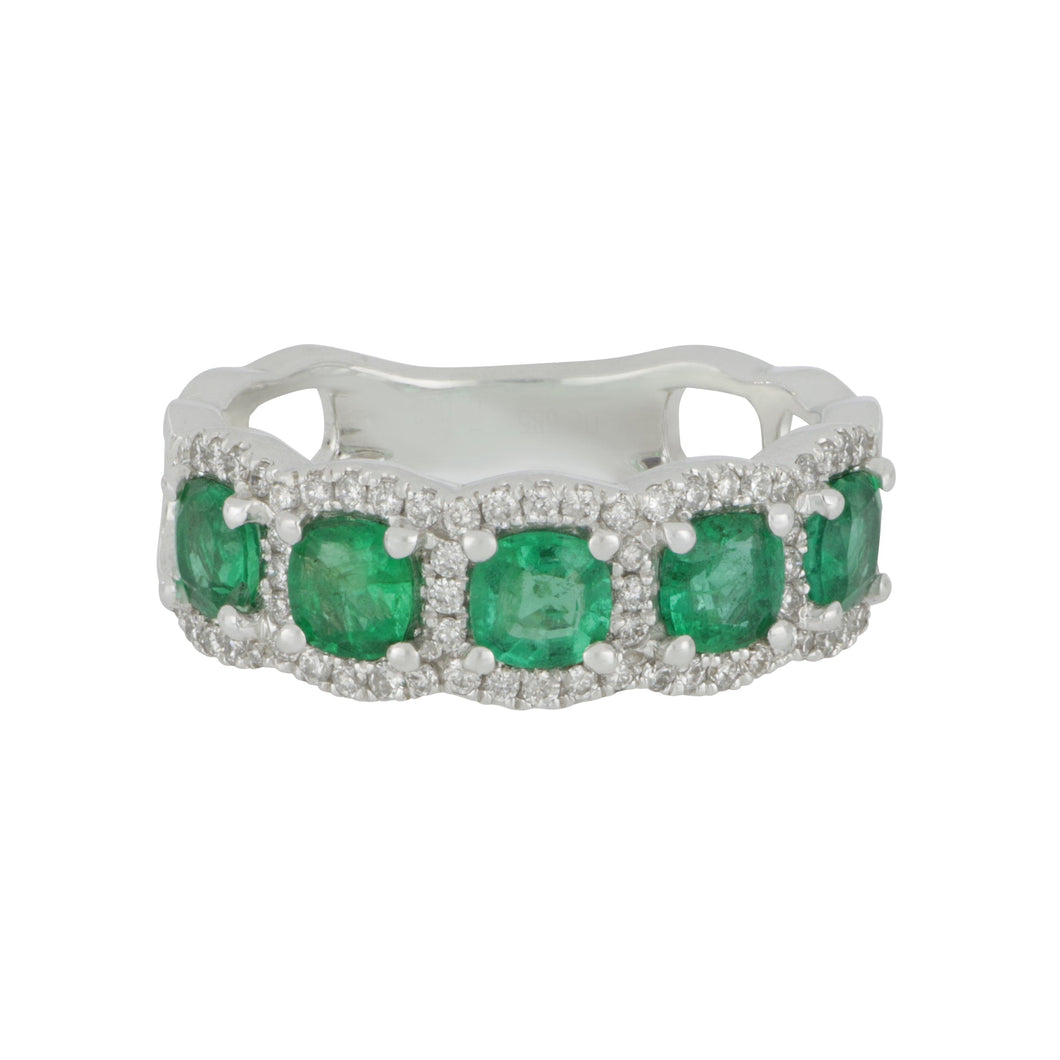 14 karat Whtie Gold 5 halo Emerald and diamond Ring size 6.5, EM=1.19tw D=0.33tw GH/SI