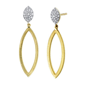 Sloane Street 18 karat yellow gold open Marquis with Pave Diamond Top and Strie Edge Drop Earrings, D=0.21ctw G/SI