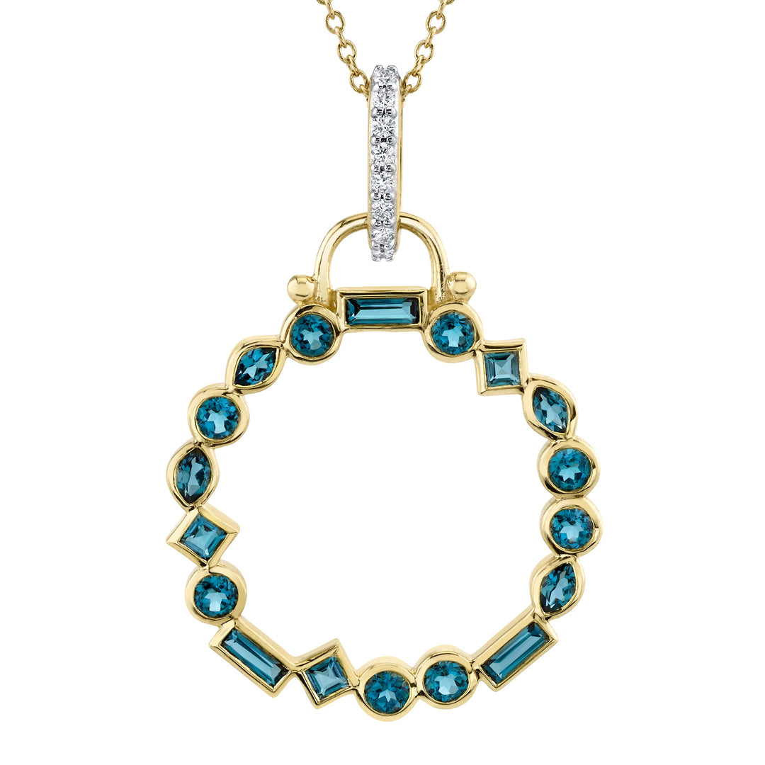 Sloane Street 18 karat yellow gold multi shape Blue Topaz and Diamond Circle Pendant, Bl Top=1.35ctw, D=0.08ctw G/SI