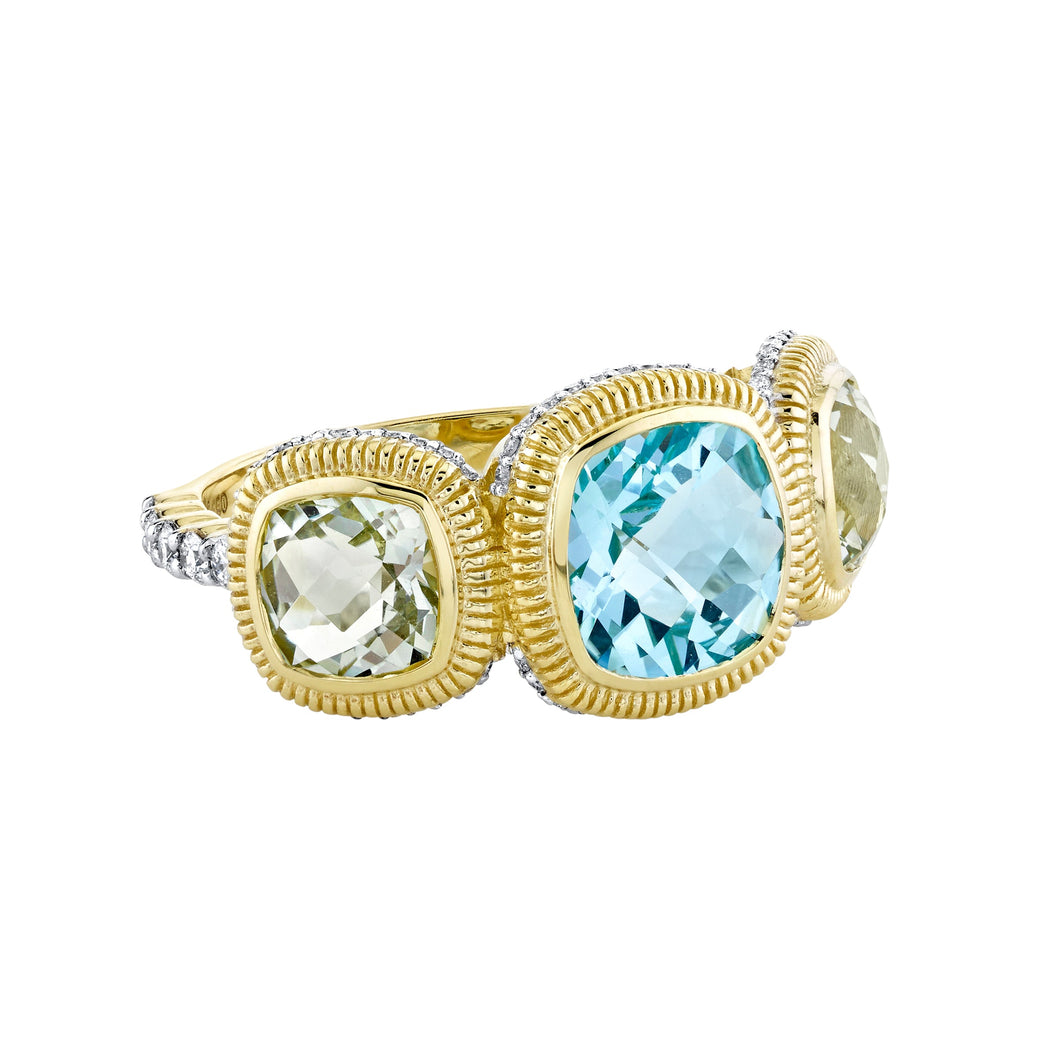 Sloane Street 18 karat yellow gold 3 stone Blue Topaz and Green Amethyst with Diamond Ring Bl Top 1.67ct, Grn Amy 2.57ctw, D=0.88ctw G/SI, Size 7