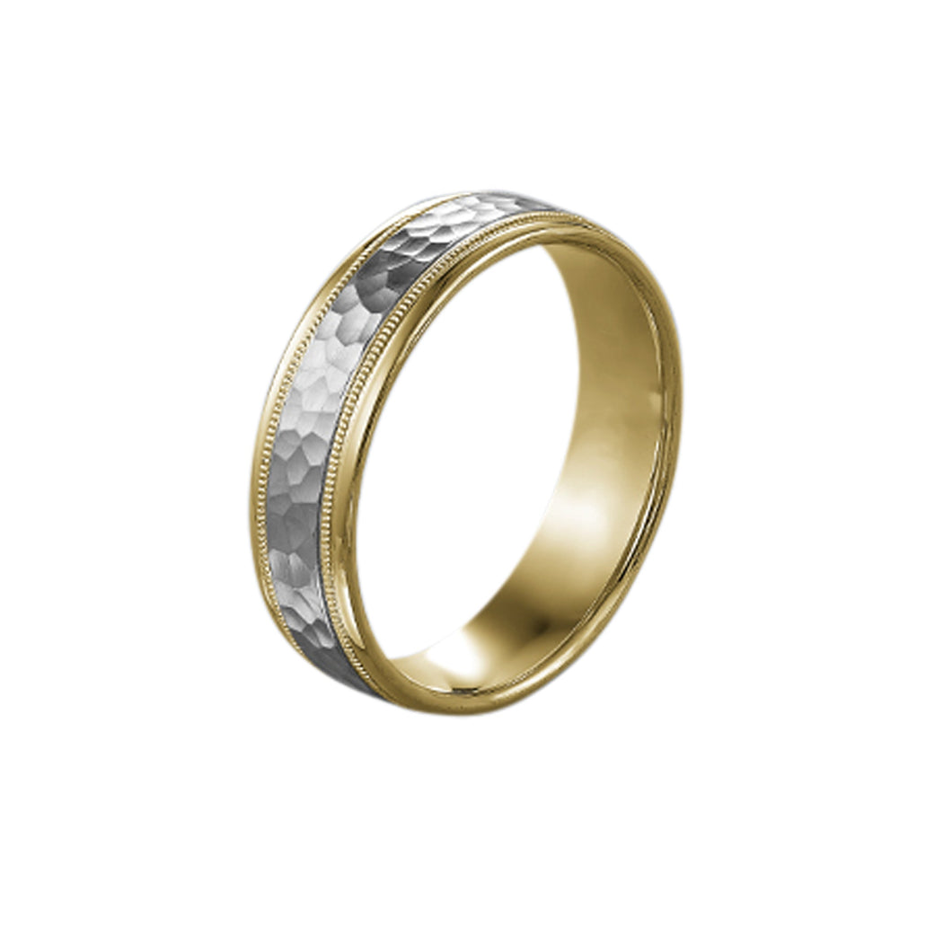 14 Karat White and Yellow Gold 6mm Frosted Hammered Center to High Polished Edges Men’s Wedding Band Size 10