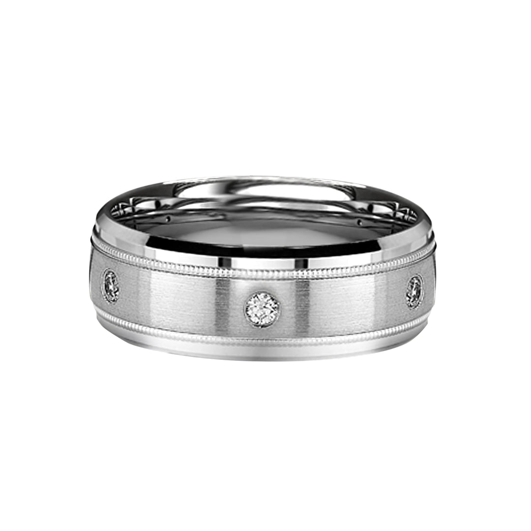 14k White Gold 6mm Sandpaper Center to High Polished Sides with 6 Dias.=.23tw Men’s Wedding Band Size 10