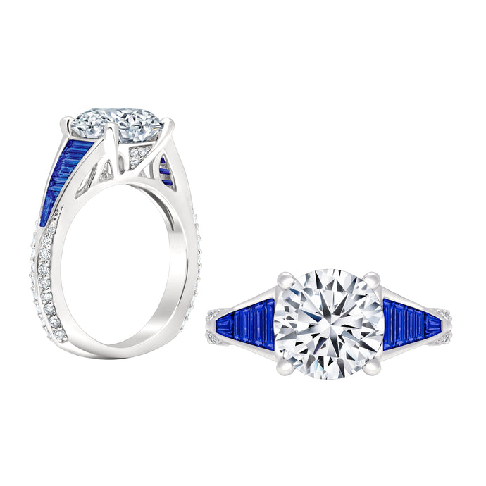 18 Karat White Gold 10 Blue Sapphire Baguettes and Diamond Shank Engagement Ring for a 1ct Center
