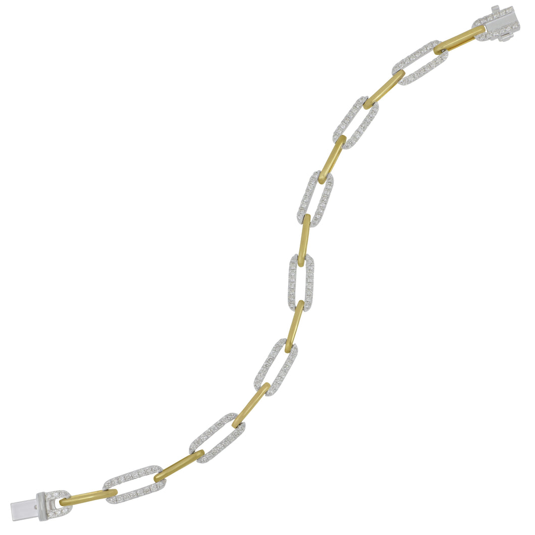 14 karat yellow and white gold alternating gold and pave diamond 1.75ctw HI/SI paper clip link bracelt 7