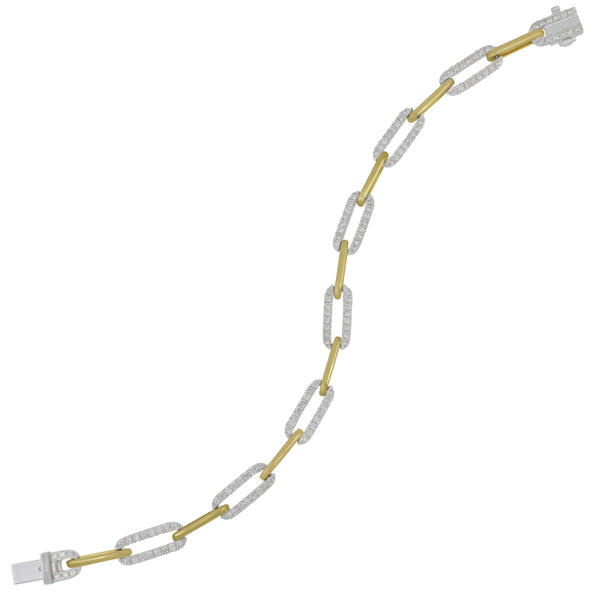 14 karat yellow and white gold alternating gold and pave diamond 1.75ctw HI/SI paper clip link bracelt 7"