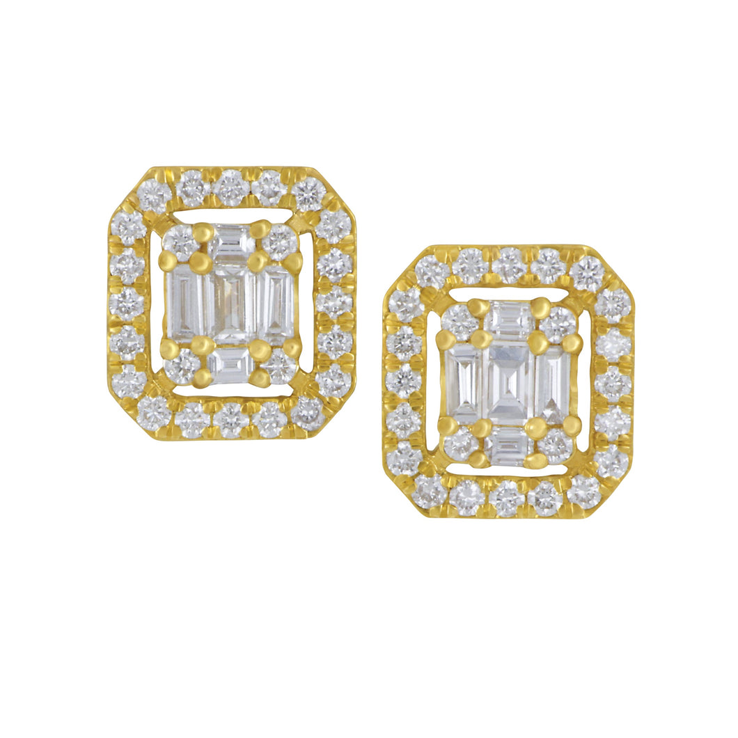 14 karat Yellow Gold Halo Round and Baguette Mosaic Diamond earrings, D=0.90tw HI/S