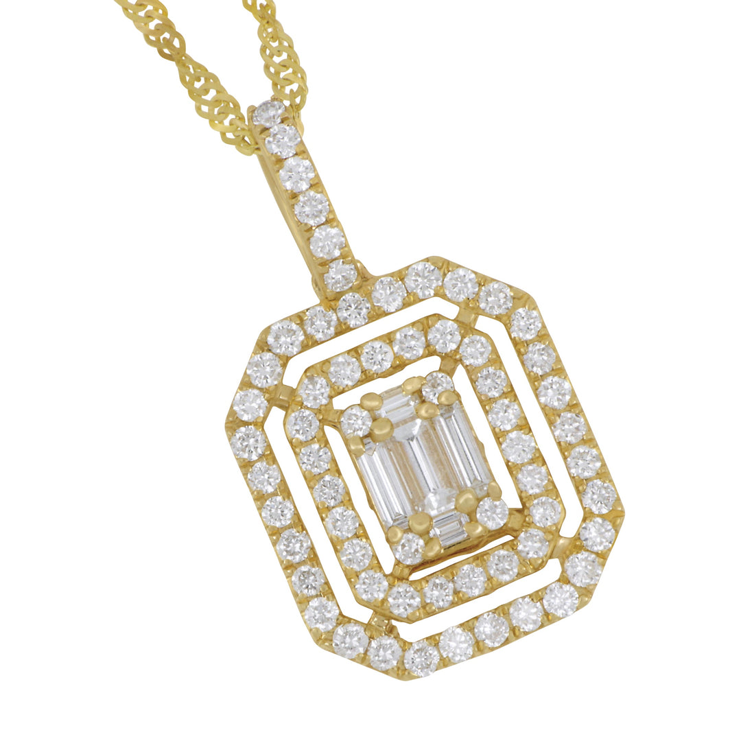 14k Yellow Gold Double Halo Round and Baguette Mosaic Diamond Pendant 16", D=0.88tw GH/SI