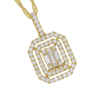 14 karat Yellow Gold Double Halo Round and Baguette Mosaic Diamond Pendant 16", D=0.88tw GH/SI